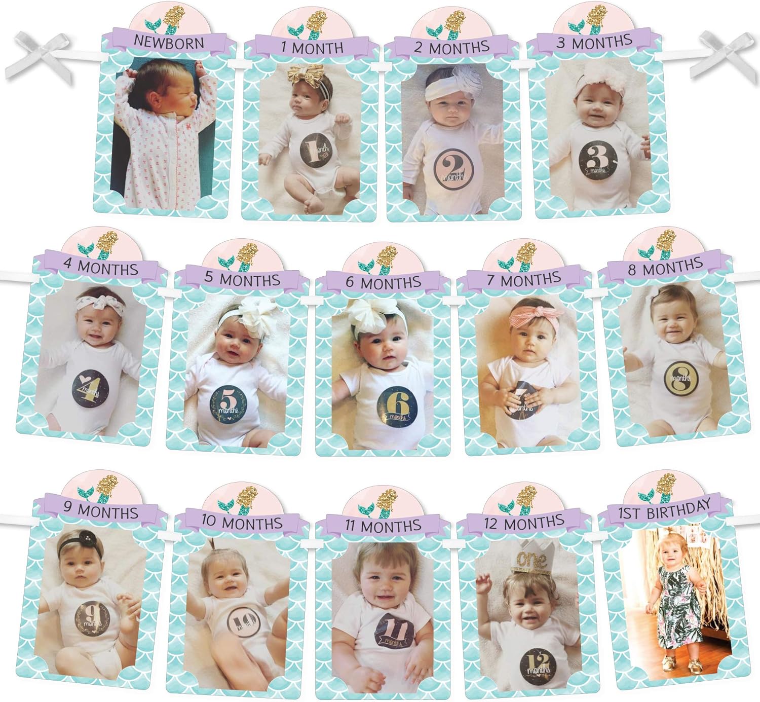 Big Dot of Happiness 1st Birthday Let’s Be Mermaids - DIY First Birthday Party Decor - 1-12 Monthly Picture Display - Photo Banner