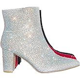 Women Rhinestone Block Chunky Heel Ankle Bootie Iceberg 12 By Forever shoes Silver 11