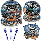 UVTQSSP 96 Pcs Party Plates, Monster Truck Paper Plates and Napkins Party Supplies for Monster Trcuck Theme Birthday for Kids, Disposable Tableware Sets, Serve for 24 Guests, Dark Blue
