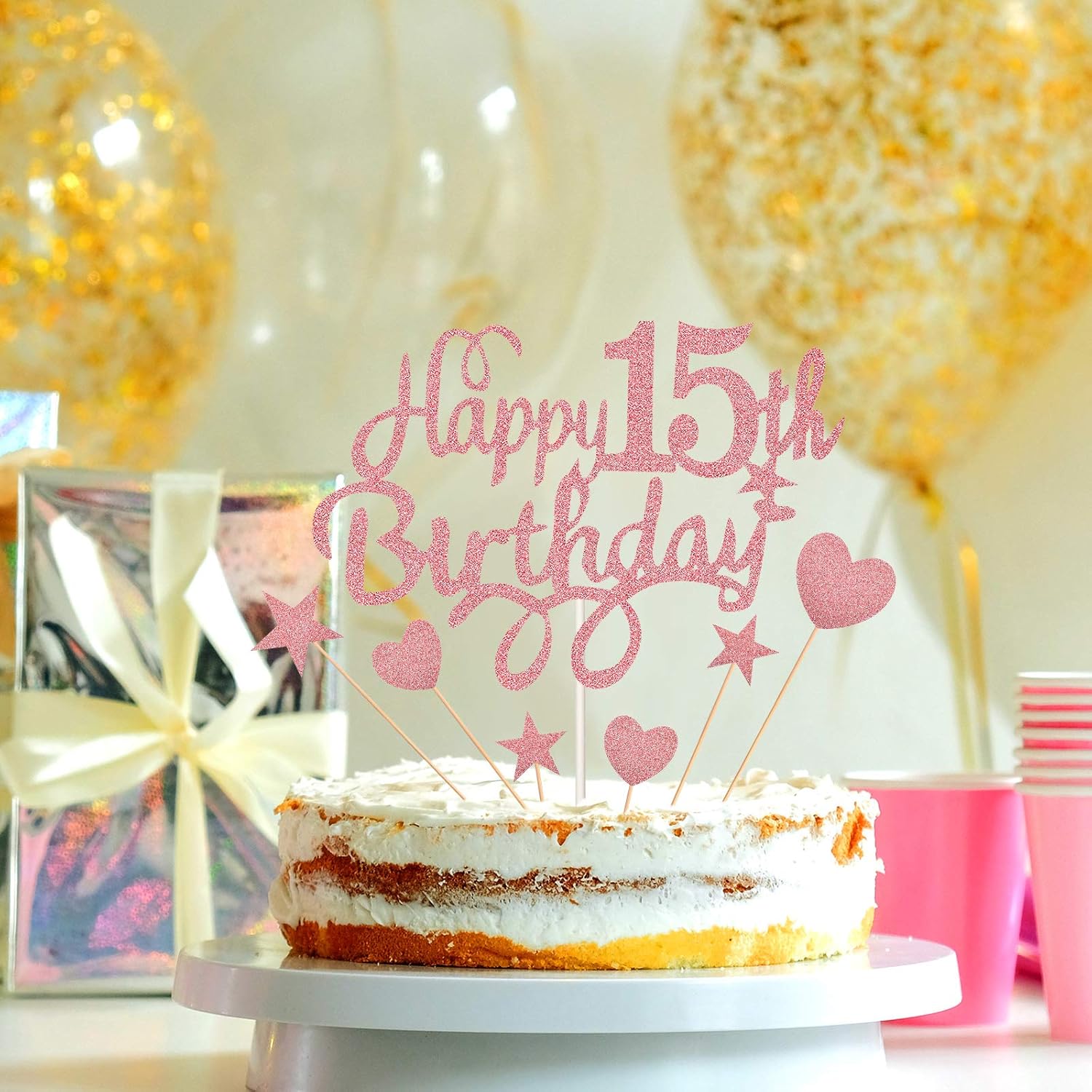 Or Rose Ensemble De Gateau Topper De 15e Anniversaire Gateau Topper Happy 15th Birthday Avec Cupcake Topper De Coeur Etoile Decoration De Gateau A Paillettes Pour Fete Danniversaire Cuisine Et Maison Accessoires