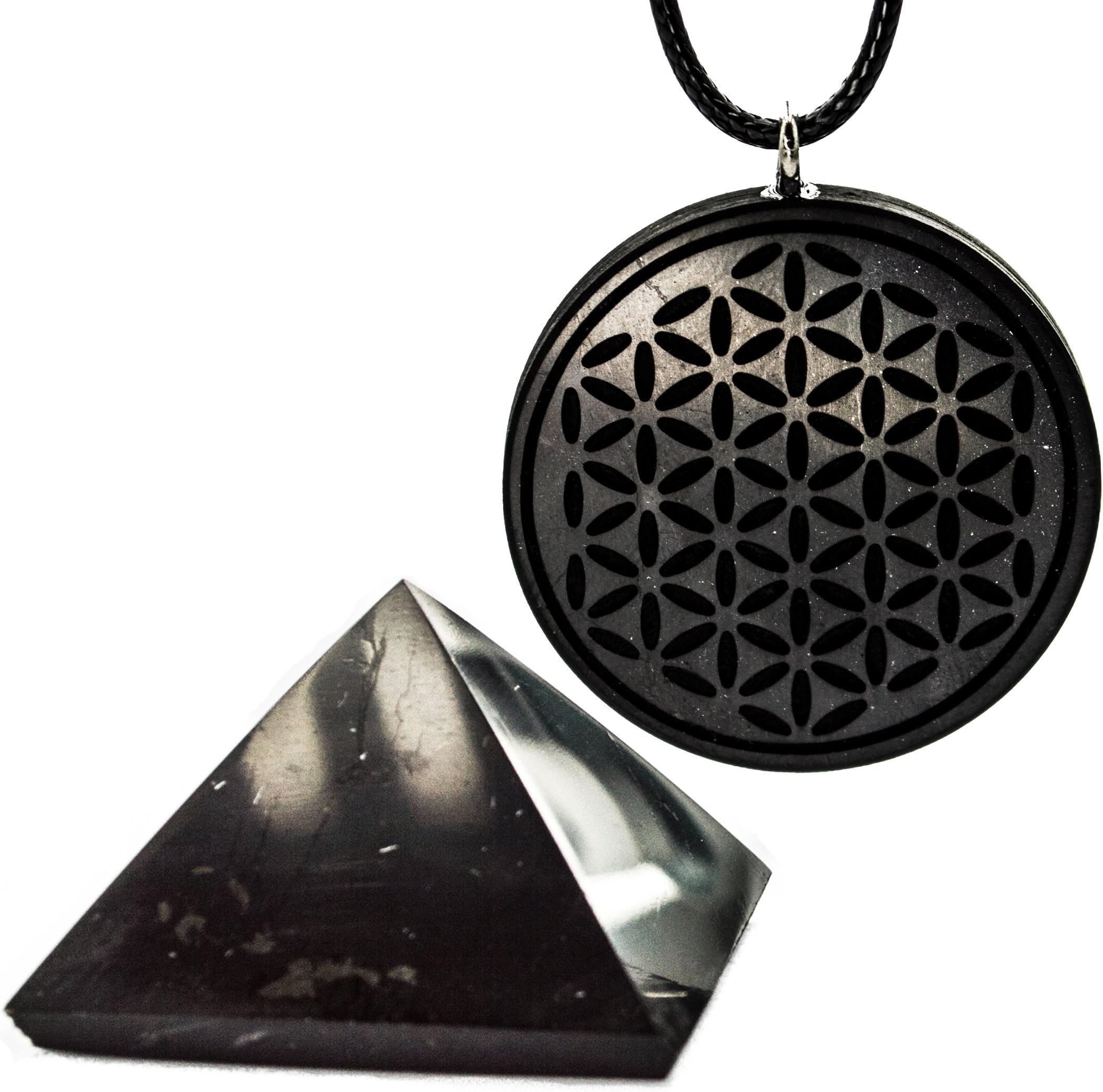 Wallystone Gems Shungite Set Shungite Pyramid Polished and Shungite Pendant with Engraving The Flower of Life Energy Pendant Anti Radiation Shield EMF Relaxing Gift Set