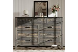 BAZELOR Farmhouse 9 Drawers Dresser for Bedroom, 55 Inch Wide Wood Rustic Chest with Natural Texture, Large Tall Dressers for