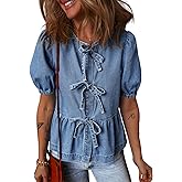 Deer Lady Womens Denim Shirt Bow Tie Front Tops Puff Sleeve Blouses Babydoll Peplum Summer Trendy Crewneck Shirts
