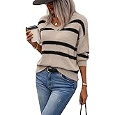 GORGLITTER Women's V Neck Striped Fuzzy Sweater Oversized Fall 2025 Cozy Trendy Long Sleeve Knit Sweater Tops