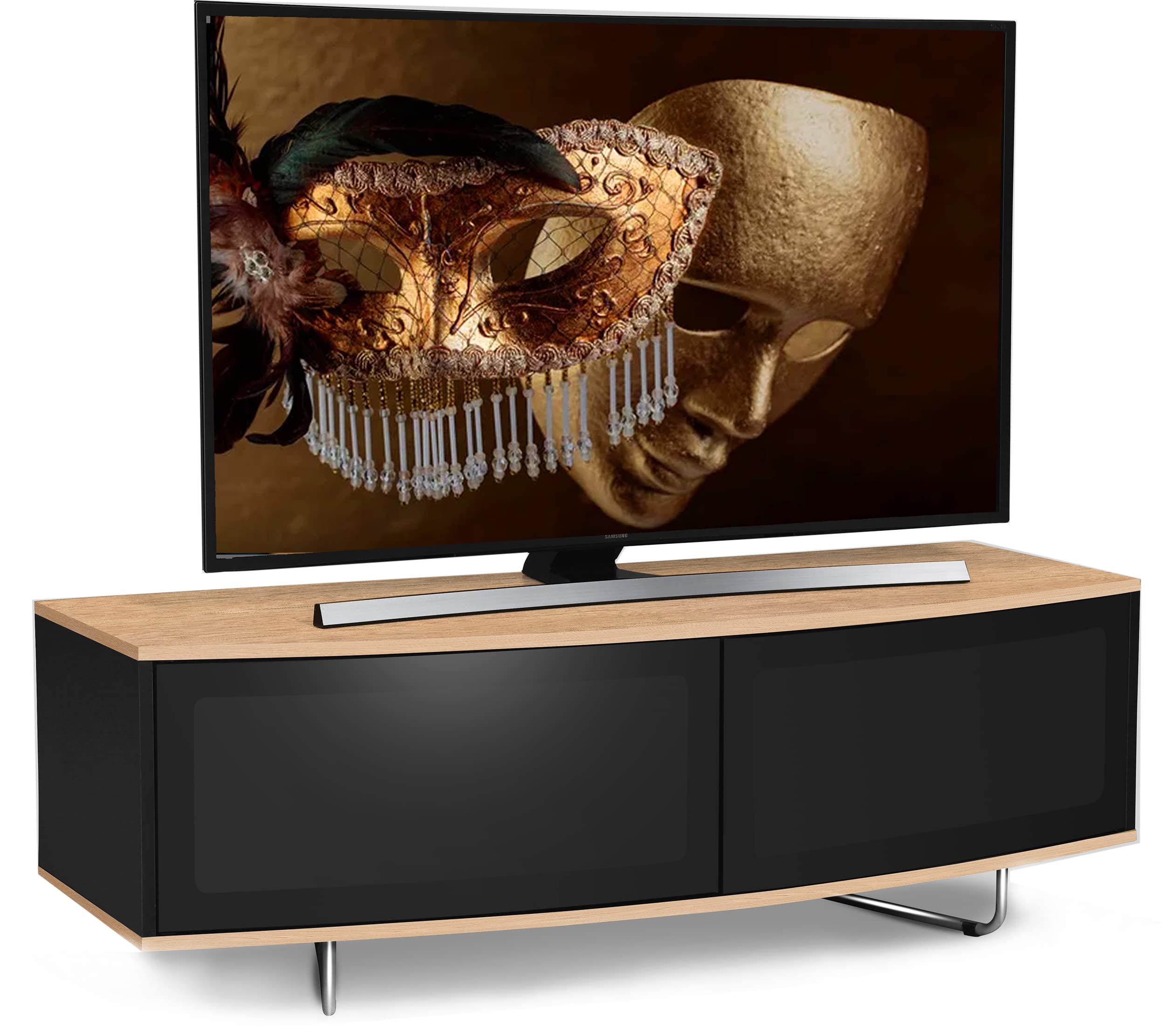 Centurion Supports Caru Gloss Black and Oak Beam-Thru Remote Friendly Super-Contemporary D Shape Design 32"-65" LED/OLED/LCD TV Cabinet