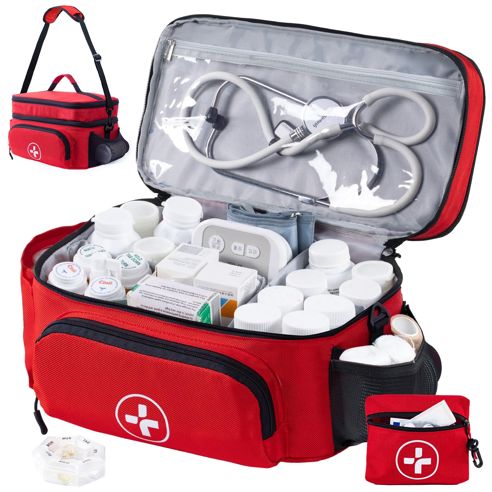 Photo 1 of BAGSFY Travel Medicine Bag Organizer with Mini Medication Bag, Double Layers First Aid Kit Empty, Lockable Pill Bottle Organizer for Home, Large Medication Storage, Travel Emergency Carrying Case.