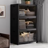 SAILUN 336QT Stackable Storage Bins with Lid, Storage Cabinet 3 Pack Black | 336QT/84Gal , Foldable Plastic, Wheels, Clear front doors, Clear Containers Organizer for Closet, 26" W x 16.5" D x 43.3" H