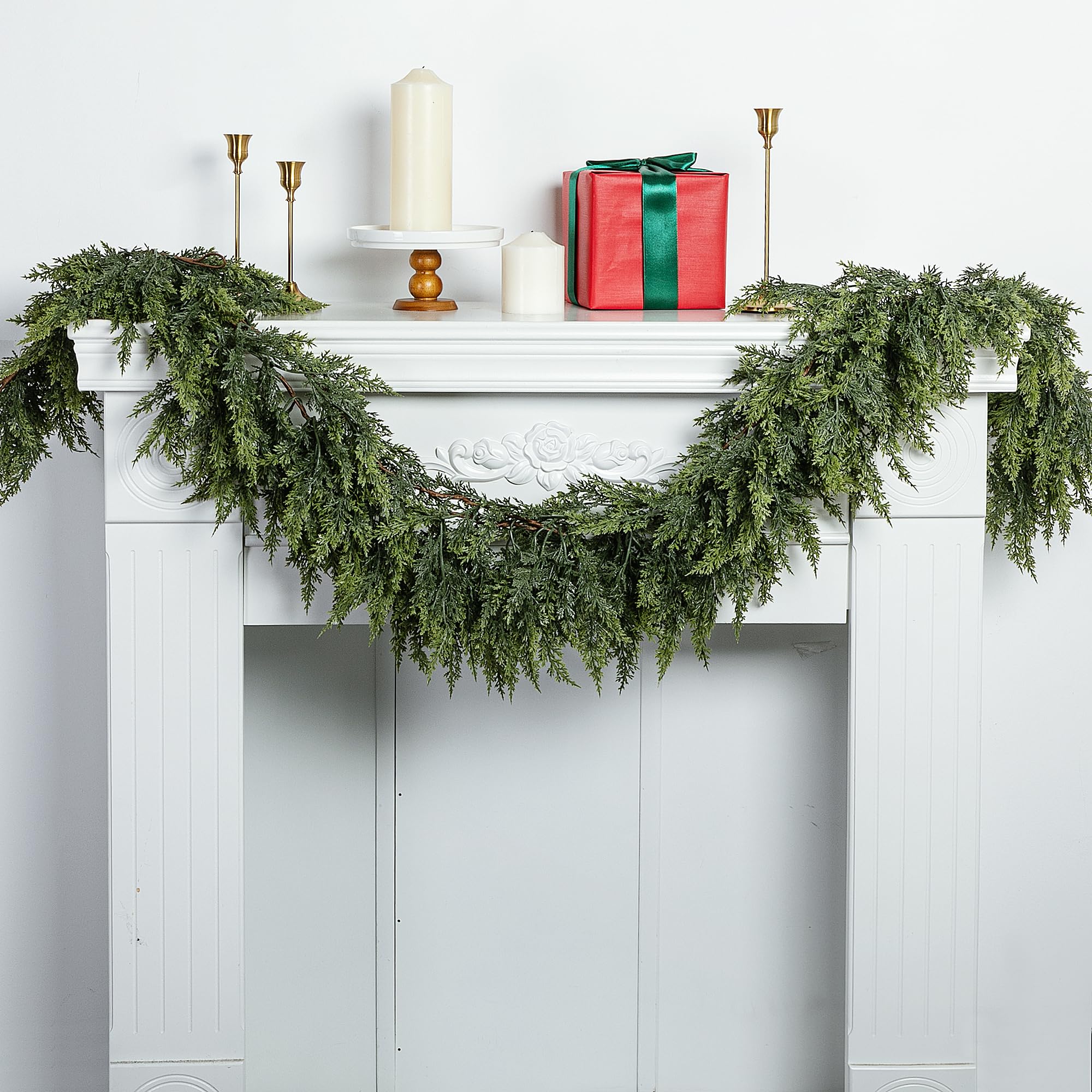 Photo 1 of 2 Pcs Christmas Norfolk Pine Garlands, 6 Ft Double Color Real Touch Artificial Cedar Garland, Faux Pine Cypress Greenery Garland Ornaments for Mantle Fireplace Table Indoor Outdoor Xmas Decoration