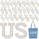 WILLBOND 78 Pcs Pearl Letter Patches Pearl Iron on Letter Patches Rhinestone A-Z English Rhinestone Glitter Alphabet Repair Embroidered Sew on Appliques(AB Rainbow Color)