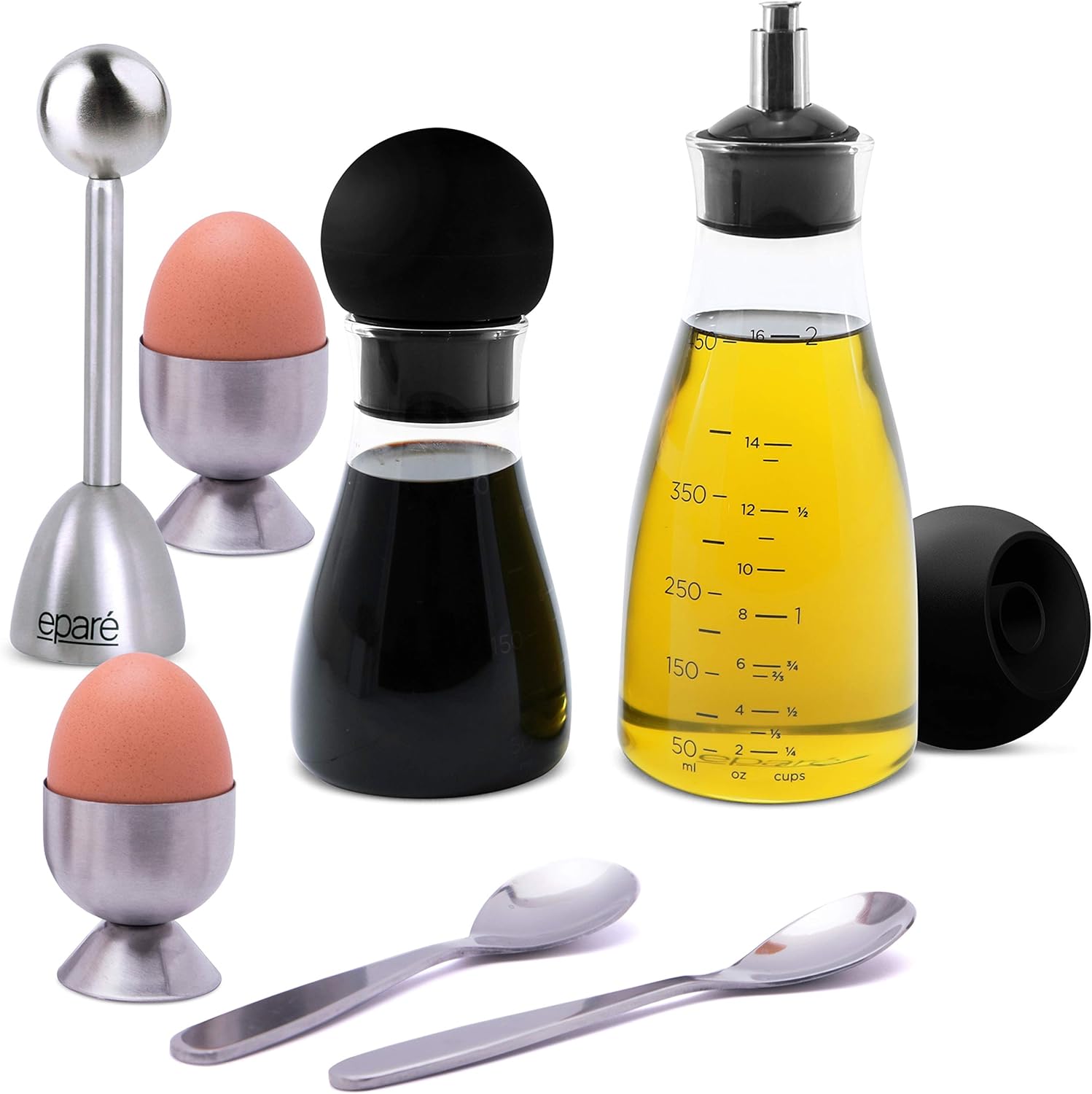 Eparé Bundle: Steel Egg Cracker Topper Set & Olive Oil And Vinegar Dispenser Bottles - Complete Soft Boiled Egg Tool Set - Includes Egg Cups Cutter & Spoons & Set Of Two Large Capacity Cruets