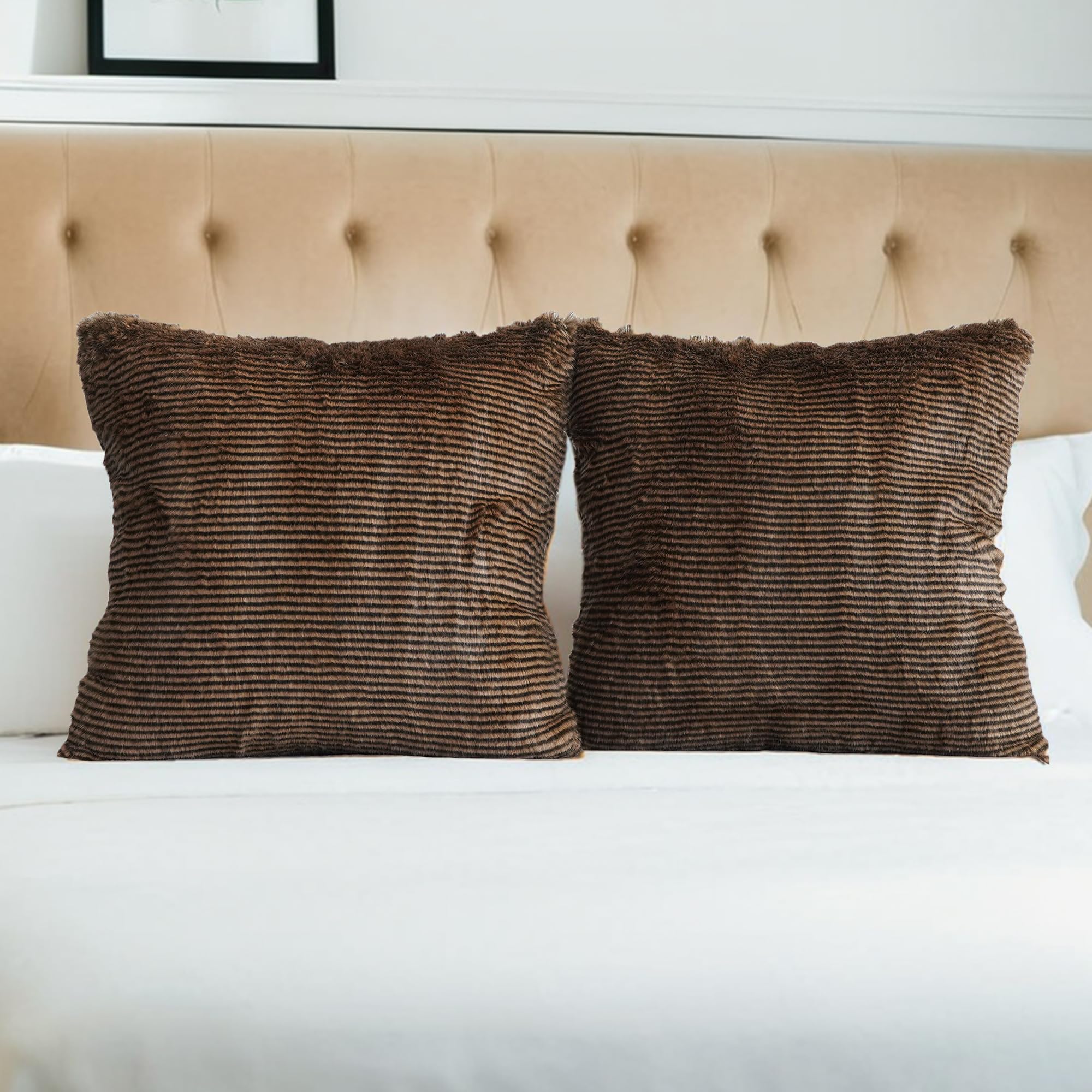 Photo 1 of inchgrass Fur Throw Pillow Covers 18x18 Inch - Luxury Fluffy Sofa & Bed Pillow Covers Set of 2, Ultra Soft Decorative Cushion Covers for Living Room Brown Fur Stripes Couch Pillow Covers