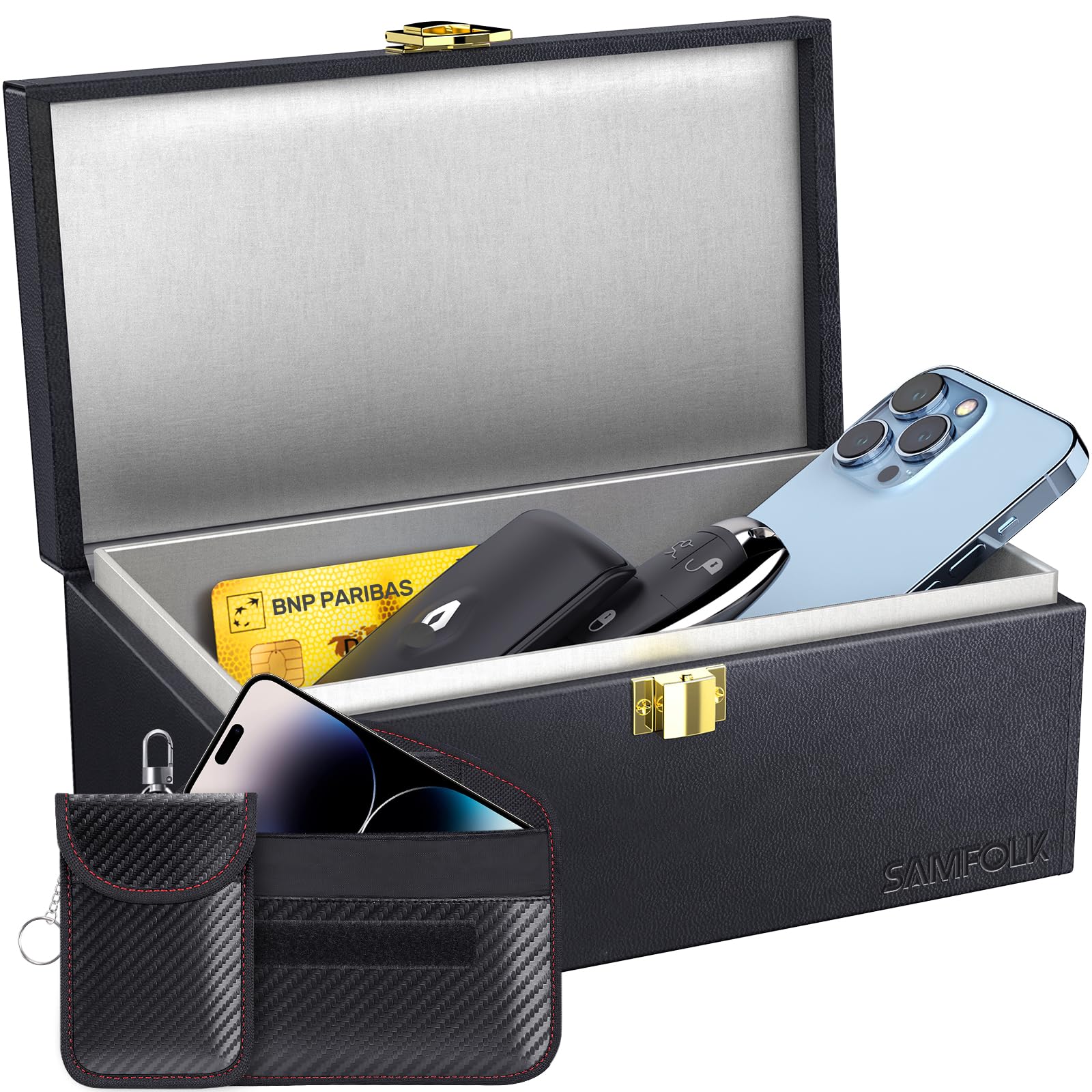 Samfolk Faraday Box and Pouch 2 Pack, 8.6 x 5.1x 4.1 inches Faraday Box for Car Keys, Keyless Entry Car Key Safe Protector, Anti-Theft Signal Blocking Cages