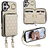 Keallce Case for iPhone 16 6.1'' Wallet Case, Crossbody Zipper Purse with Wristlet for Women, RFID Blocking Card Holders, 360° Ring Kickstand Flip Leather Case for iPhone 16, Beige