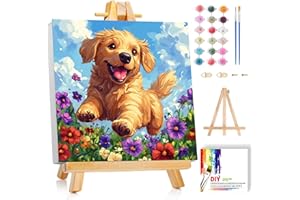 AJEPON Dog Paint by Numbers Kit for Kids with Frame - Cute Dog Paint by Number for Kids, Kid Painting by Number Kits Age 8-12 for Home Wall Decor 8X8inch (with Wooden Easel)