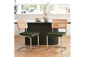 Grandnoor Green Rattan Dining Chairs Set of 2,Wooden Mid Century Modern Velvet Kitchen Chairs, Mesh Back Cane Dining Room Cha