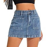 Womens Denim Mini Skirt Stretch Mid Waist Trendy Button Y2k Jean Skirts with Front Pockets