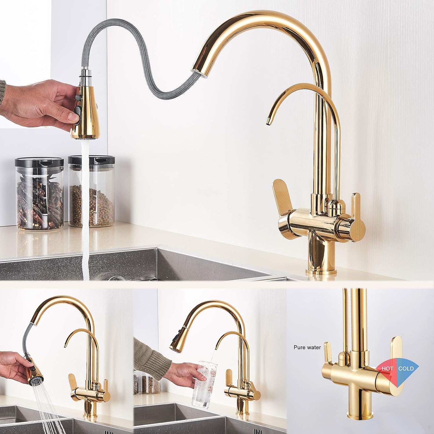 Onyzpily Gold 3 Ways Pure Water Filter Kitchen taps Brass Swivel Pull