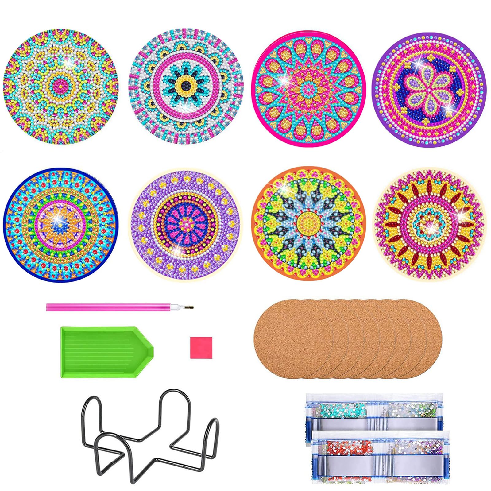 Ruikdly 8 Pcs Absorbent Coasters with Stand, Reusable Drink Coasters, Bohemian Diy Diamond Coaster and Mounting Tools for Cups, Vases