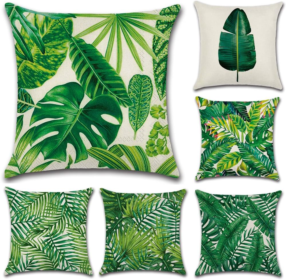 HuifengS Linen Throw Cushion Pillow Covers Square Pillowcase Tropical Plants Decorative for Sofas Beds Chairs Cushion Cover Set of 6, 18 x 18 Inch