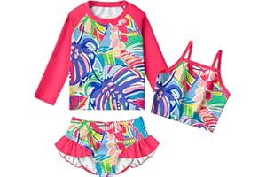 LQSZ Girls Rash Guard Sets Long Sleeves Swimsuit 3 Pieces Tankini Bathing Suit Swimwear for Girls 3-12 Years