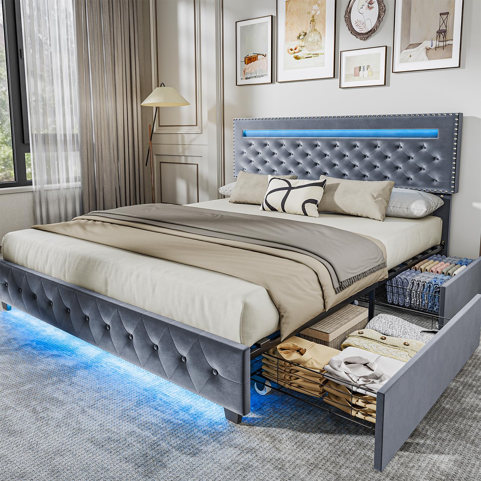 Photo 1 of ***PARTS ONLY***
BedsPick Queen Size Bed Frame with LED Lights, Velvet Upholstered Platform Queen Bed Frame with 4 Storage Drawers and Adjustable Headboard, No Box Spring Needed Queen Bedframe, Noise Free, Light Grey