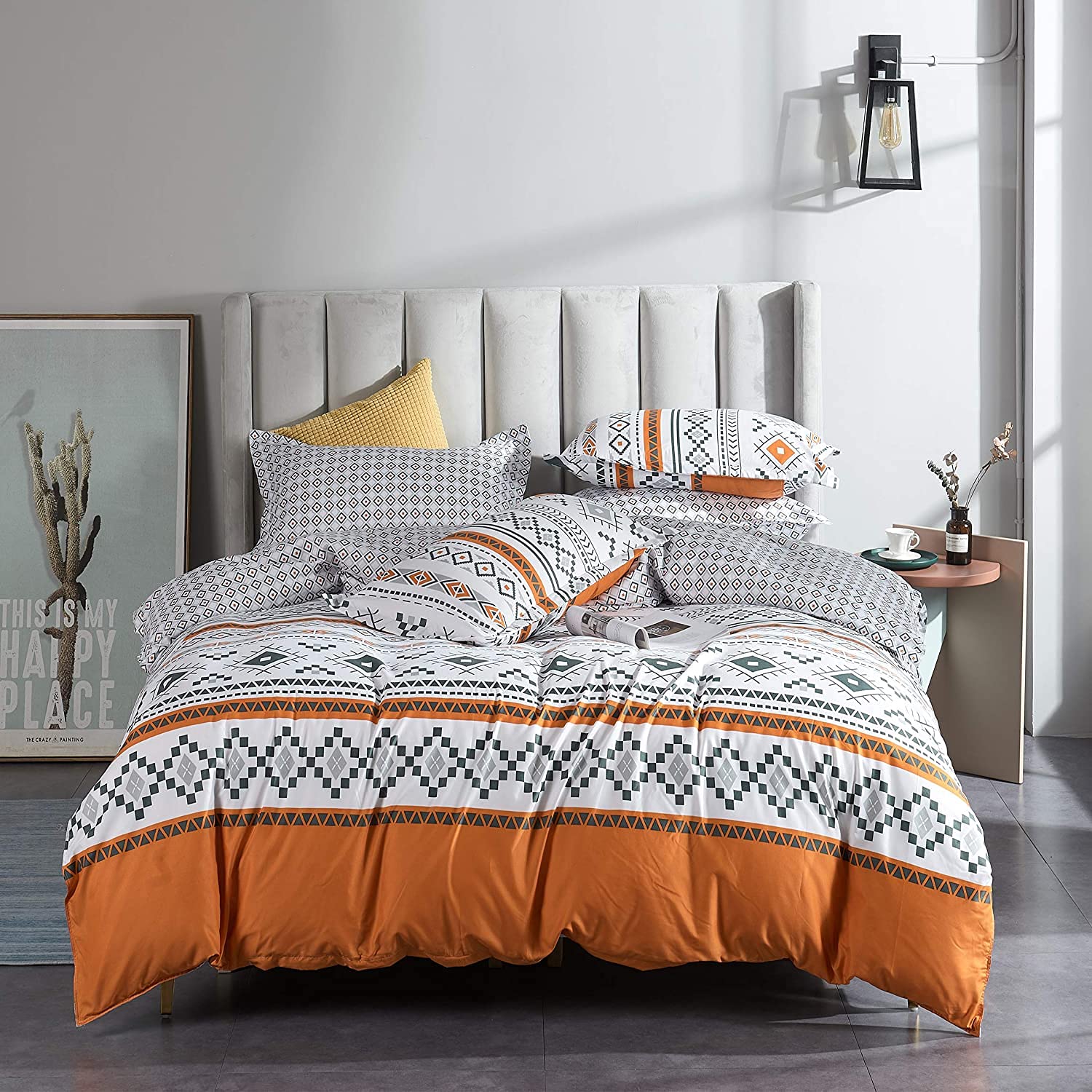 Gafance 3PCS Aztec Geometric Pattern Duvet Cover King Set, Folk Style White & Orange Bed Linen, Ultra Soft Comforter Cover with Zipper Closure, Farmhouse Quilt Cover 220 X 230 CM & 2 Pillowcases