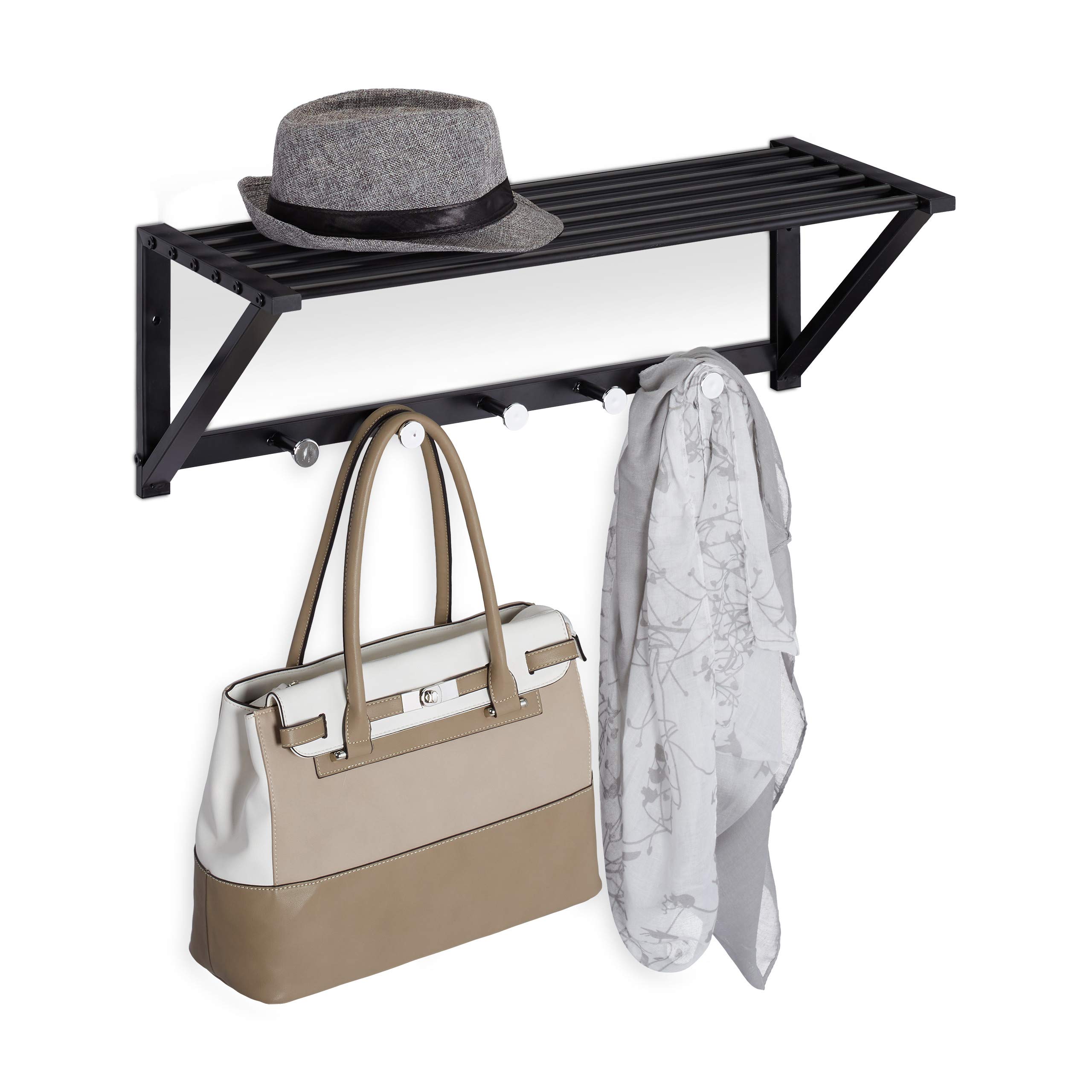 Relaxdays Wall Coat Rack with Shelf, Wardrobe Rail 5 Hooks, Hallway & Bathroom, Modern, Metal, 23 x 65 x 25 cm, Black
