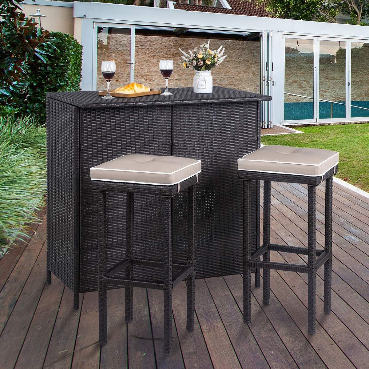 Vongrasig 3 Piece Patio Bar Set, Outdoor Wicker Bar Furniture, Rattan Bar Table w/ 2 Storage Shelves & Cushioned Bar Stools, Patio Convention Dining Set for Backyard, Lawn Garden, Porches, Poolside