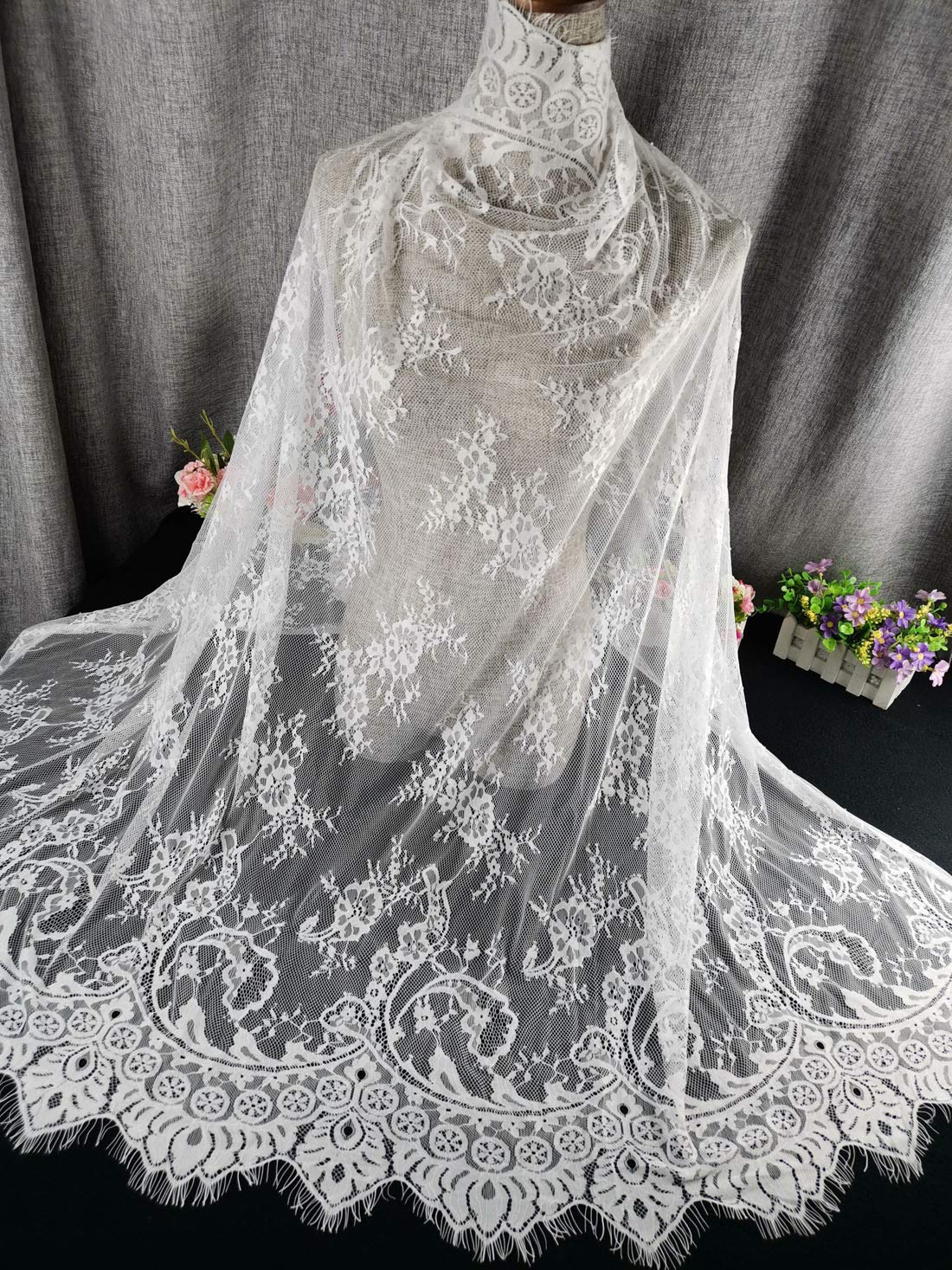 Lace Fabric Embroidery by The Yard Dress Ribbon Trim Fabric Ribbon Curtain Accessory Sewing Craft 150 X 150 cm (White)