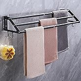 3-Layers Bathroom Towel Bar Wall Mounted Adhesive or Screw Mounting, 13.5"-24.5" Adjustable Bath Towel Holder Rack Stainless Steel Black Hand Towels Rod Hanger with Hooks for Home Kitchen Toilet