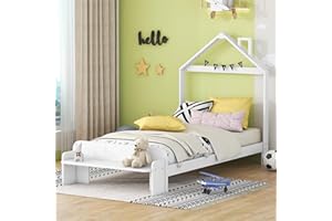 BELLEMAVE Twin Size Bed Frame for Kids, Wood Twin Platform Bed with House-Shaped Headboard and Footboard Bench, Twin Storage Bed for Kids, Teens, Boys & Girls, White
