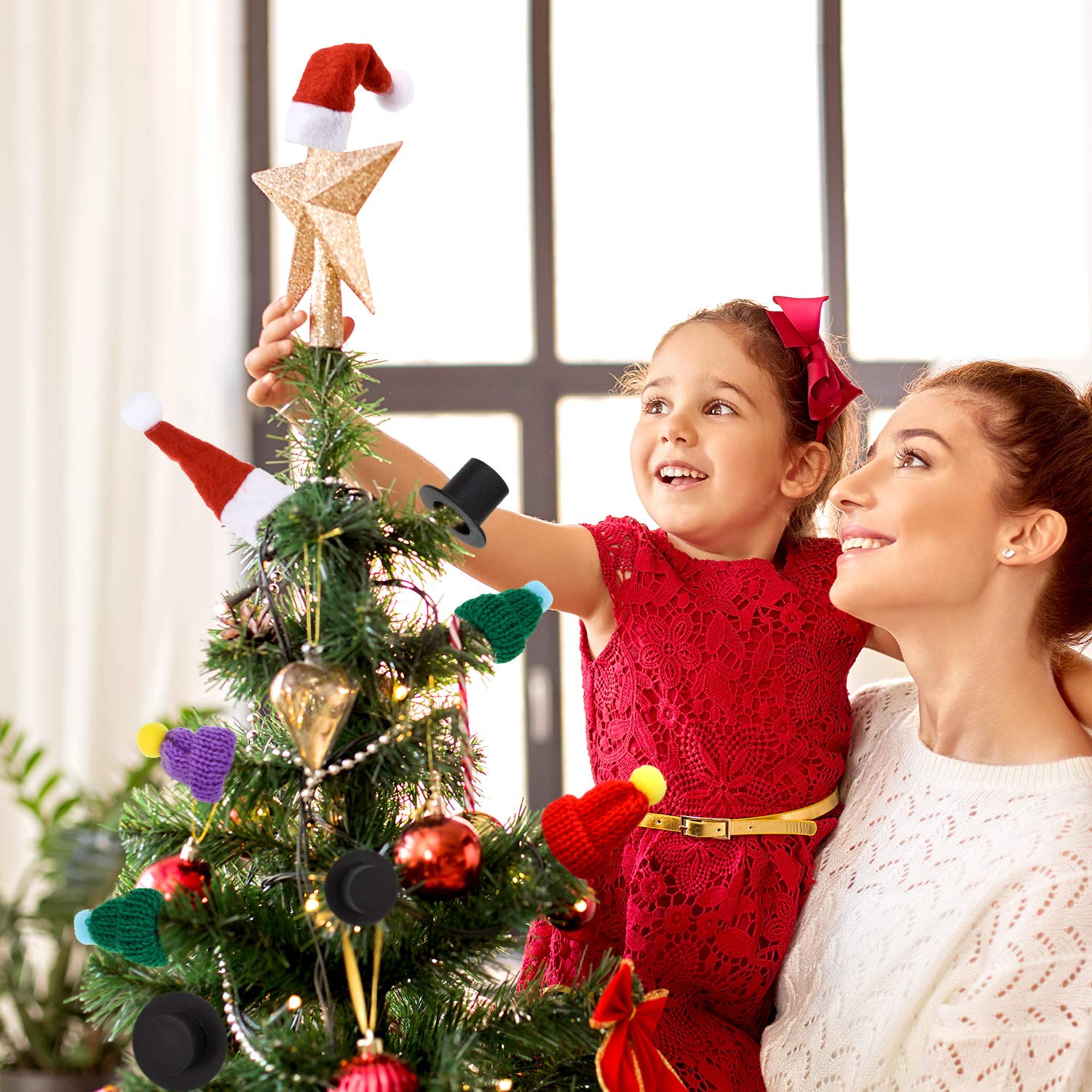 WILLBOND 120 Pcs Christmas Mini Santa Hat for Crafts Cute Tiny Knit, Plastic and Plaid Hats Set Xmas Decoration for Christmas Tree Ornaments DIY Art, 6 Styles