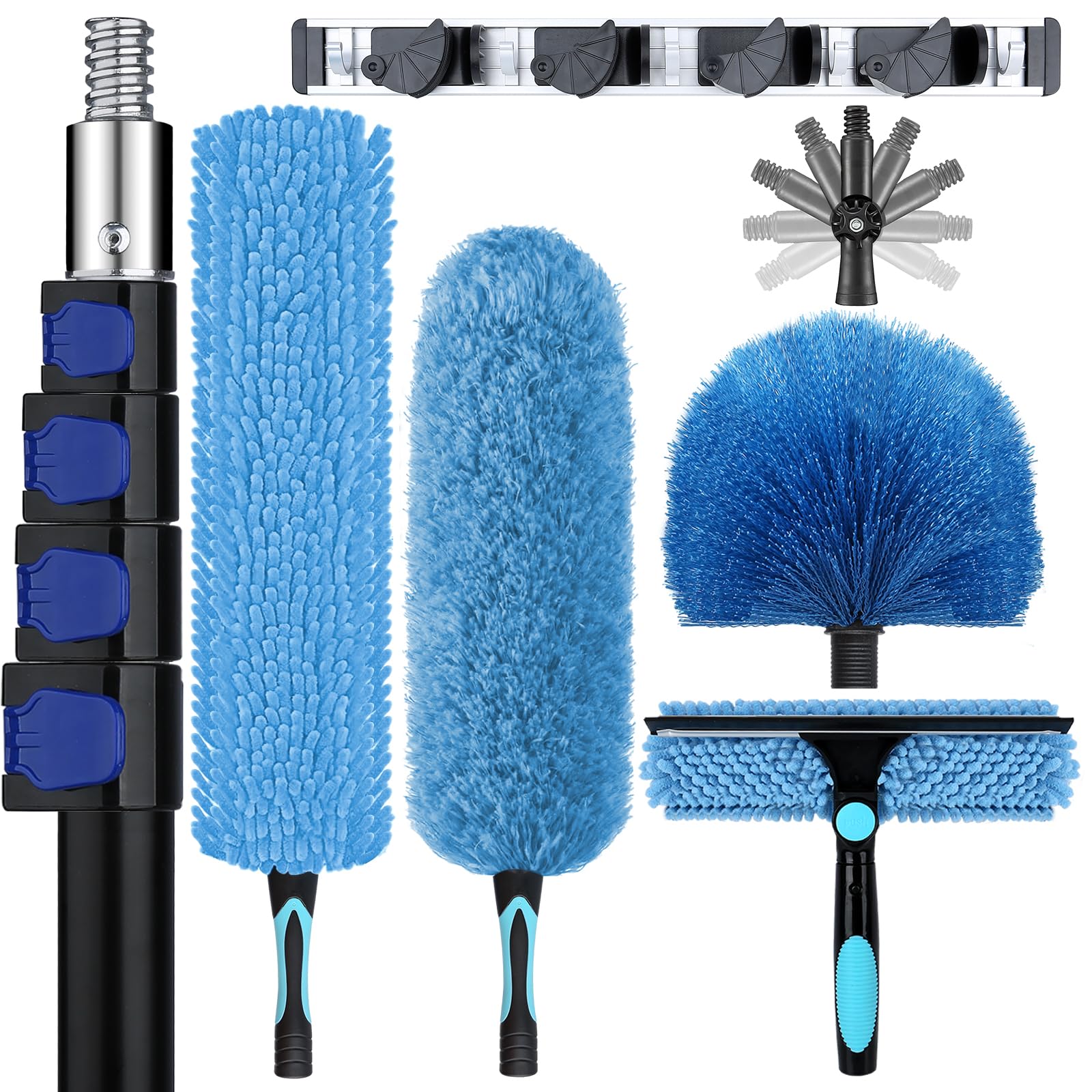 Photo 1 of 36ft High Ceiling Duster Kits with 5-30ft Heavy Duty Extension Pole - Fan Blade Cleaner, Cobweb Remover & Blue Window Squeegee Kit, Washable Dust Brush for High Roof and Glass Surfaces