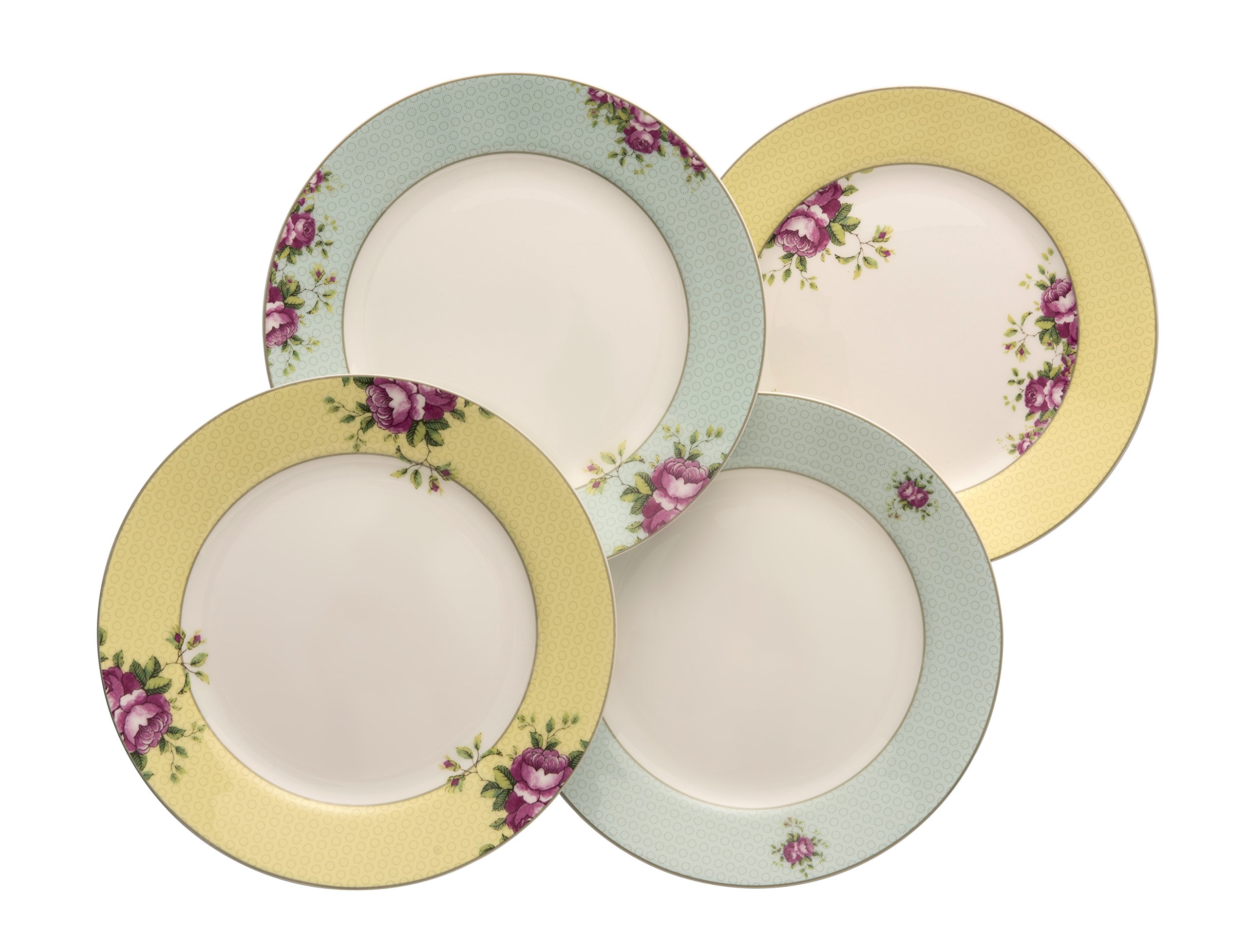 Aynsley CLAS40012 Archive Rose Plates (Set of 4), Bone China, Multi, 20.5 x 20.5 x 3 cm