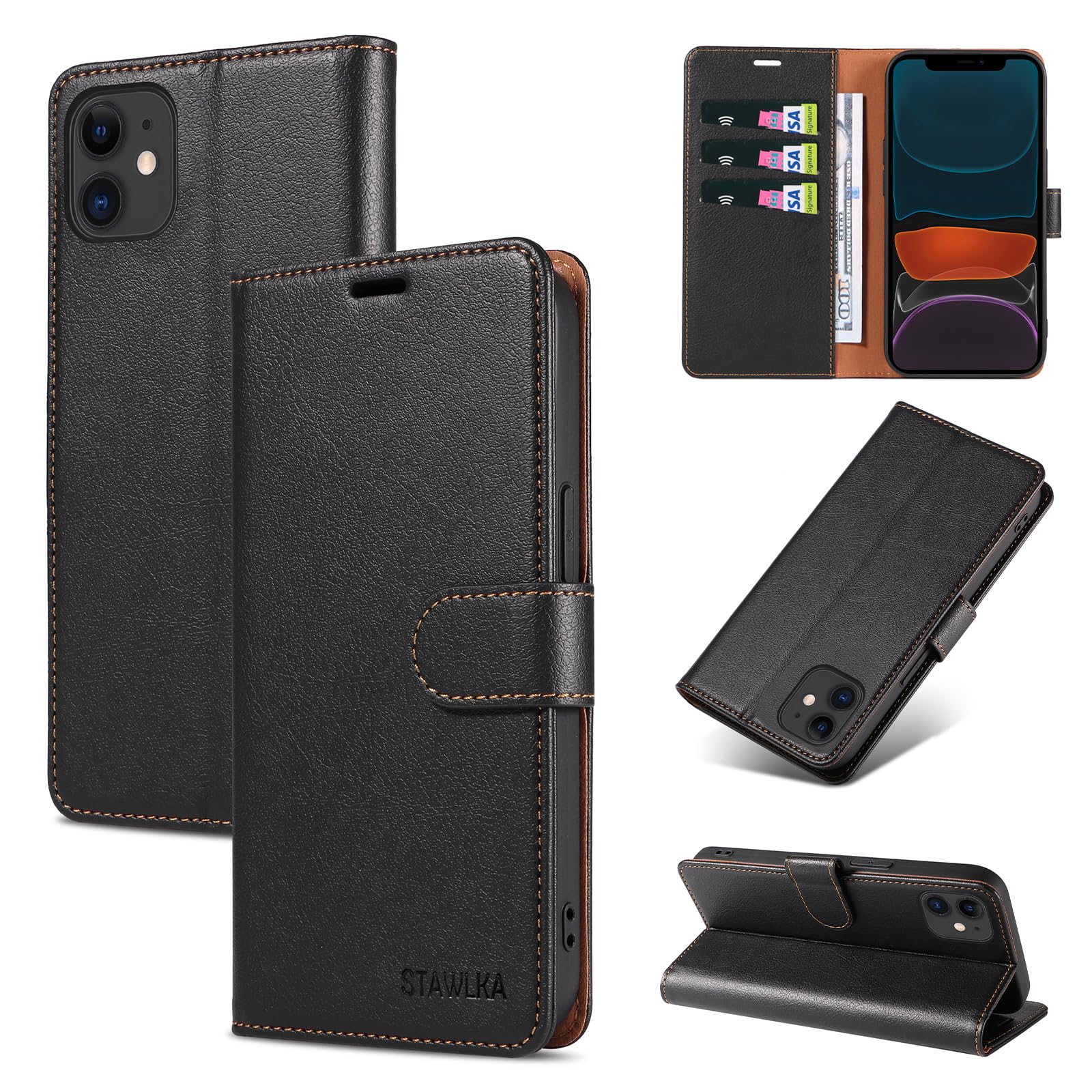 STAWLKA Premium PU Leather Flip Magnetic Buckle Wallet Case Kickstand Blocking RFID Shockproof Protective Phone Cover for iPhone 12/12 Pro - Black