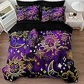 Merryword 8 Pieces Universe Bed in a Bag Sun and Moon Comforter Set Queen Size Galaxy Bedding Purple Gold Moon Star Pattern Bohemian Gothic Comforter Set for Boys Girls Women