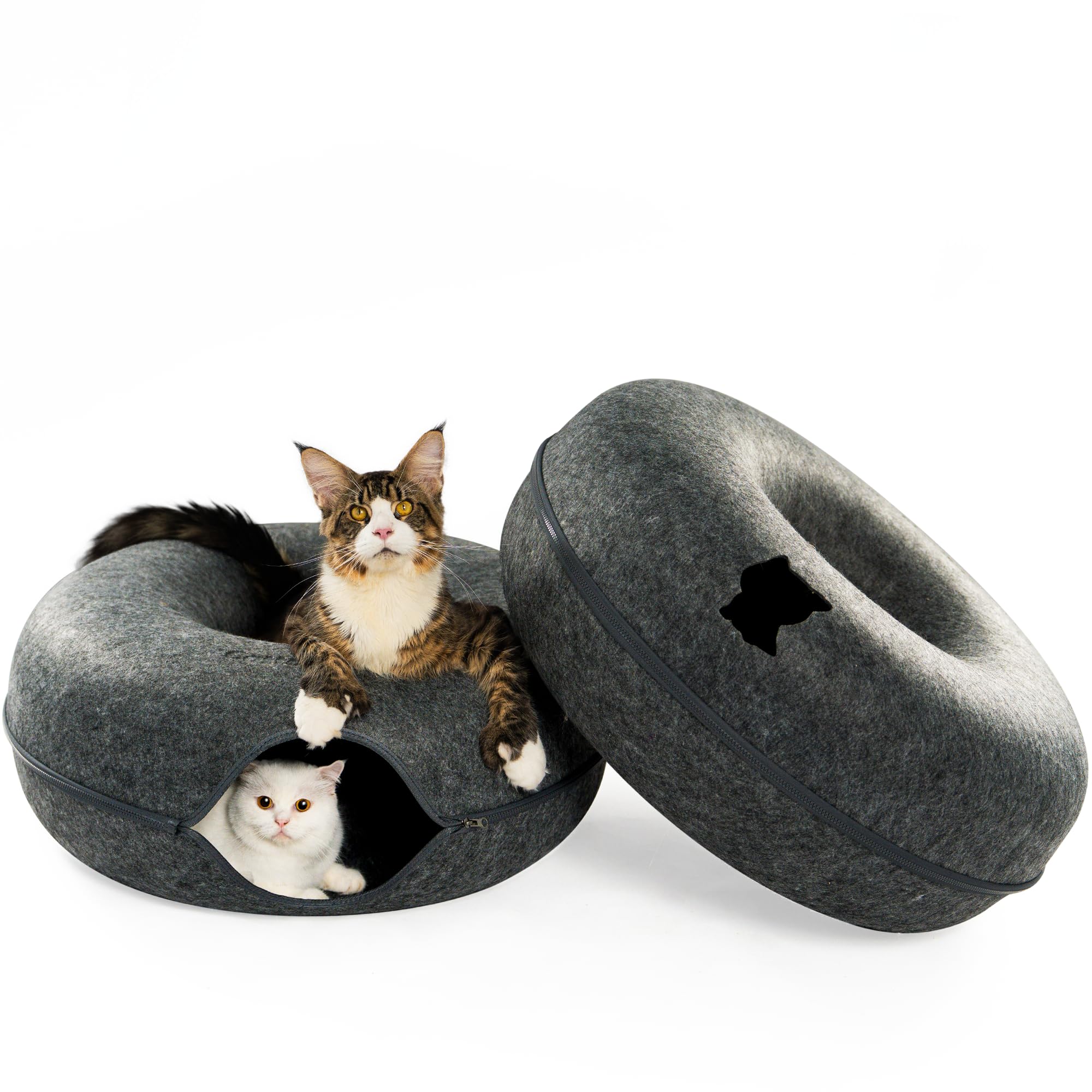 Cattasaurus Peekaboo Cat Cave Duo Jumbo Set, Extra Spacious Cat Donut for Multiple & Large Kitty 15+ lbs, Scratch Detachable Cat Beds for Indoor Cats, Washable Cat Tunnel Bed, Best Kitten Toys Image