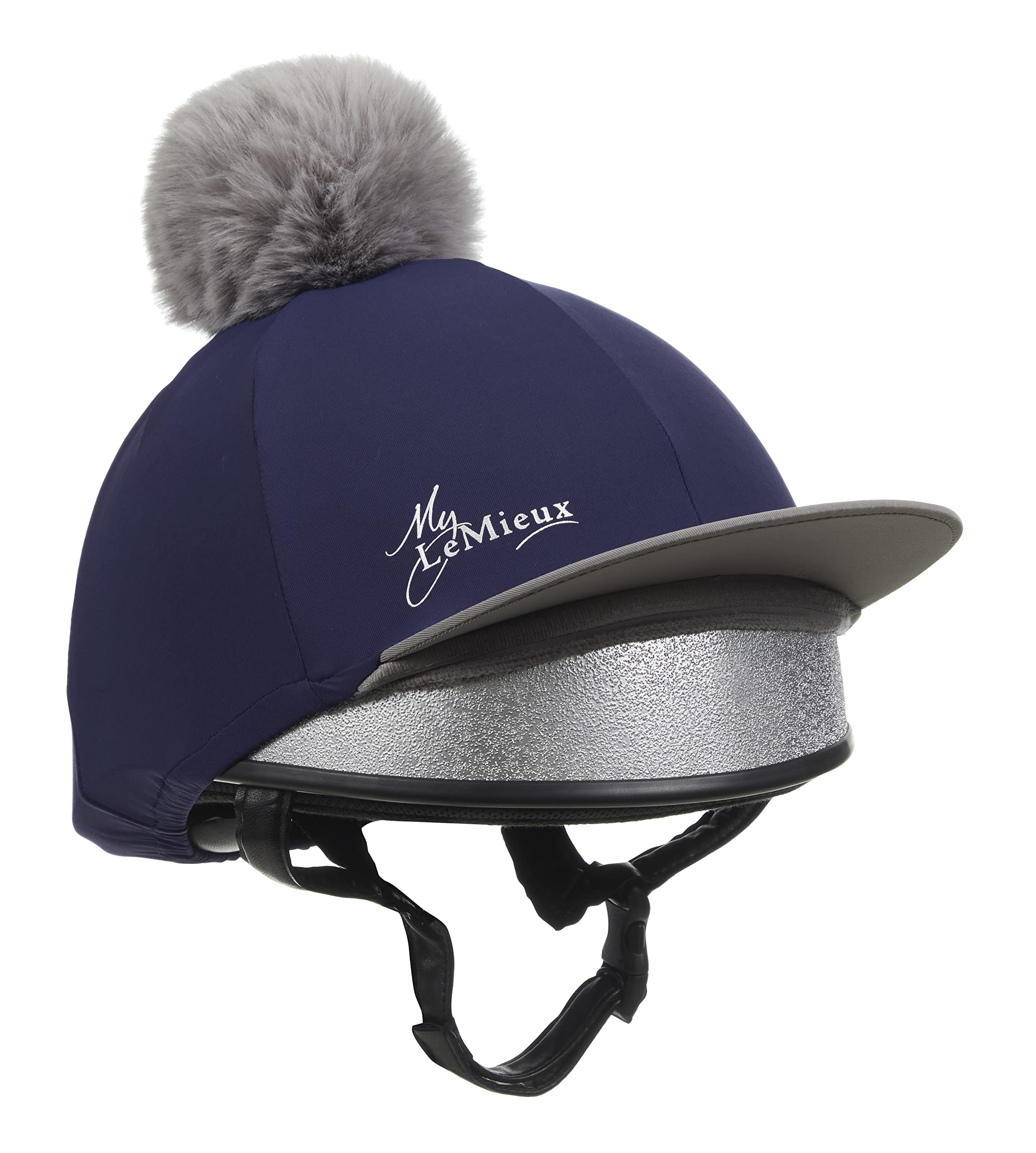 LeMieux Pom Pom Horse Riding Hat Silk in Navy with 4 Way Stretch Fabric Coordinates with Base Layers & Saddle Pads - One Size