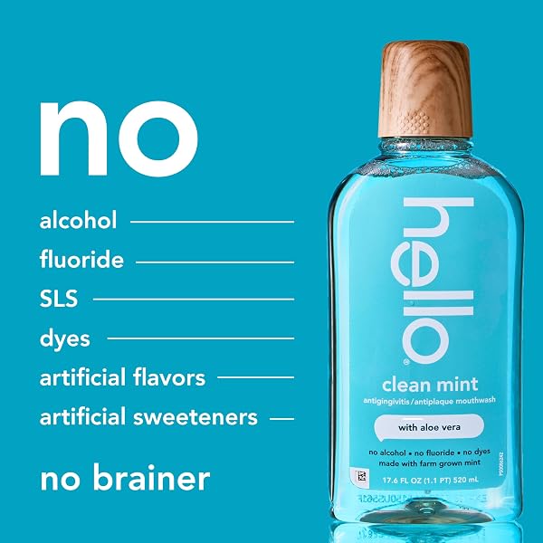 HELLO CLEAN MINT ALCOHOL FREE MOUTHWASH WITH ALOE VERA, 17.6 FL OZ, ANTIGINGIVITIS GUM MOUTHWASH WITH FARM GROWN MINT, FLUORIDE FREE, NO ALCOHOL FOR ZERO BURNING, VEGAN, MINTY ORAL RINSE, 3 PACK