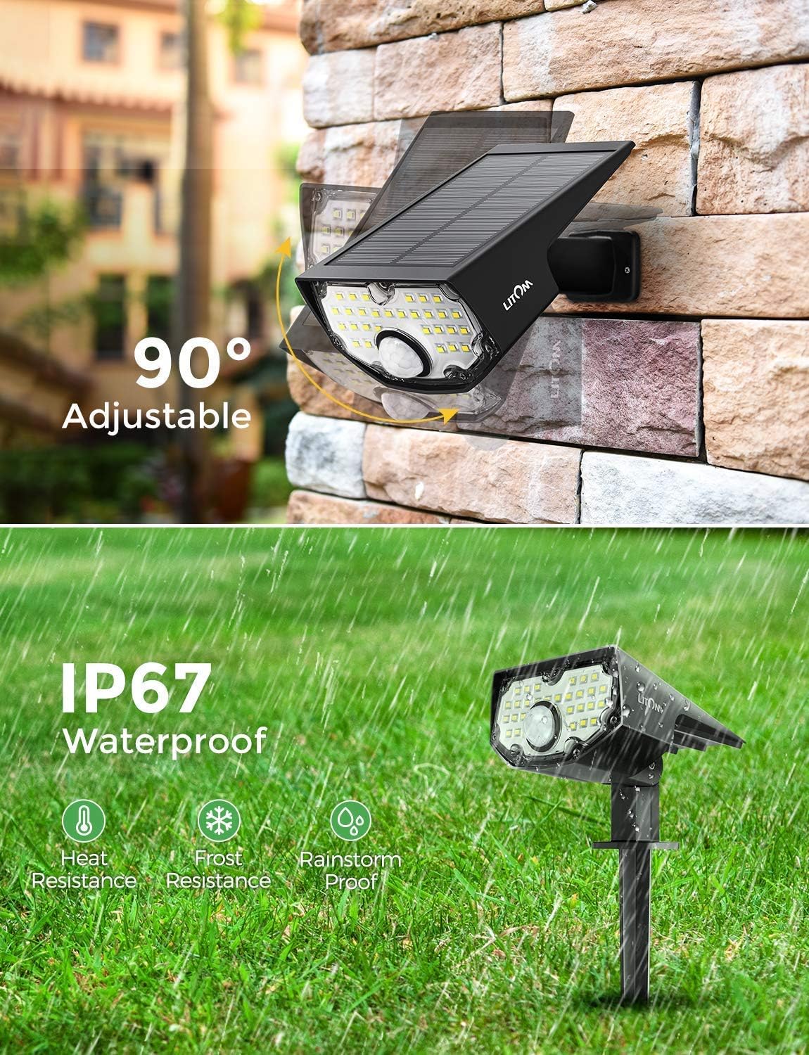 LITOM 30 LEDs Solar Motion Sensor Landscape Spotlights, IP67 Waterproof Outdoor Solar Powered Security Wall Light 3 Modes Solar Landscaping Lighting for Yard Garden Garage Pool Patio 2 Pack Cold White - - 