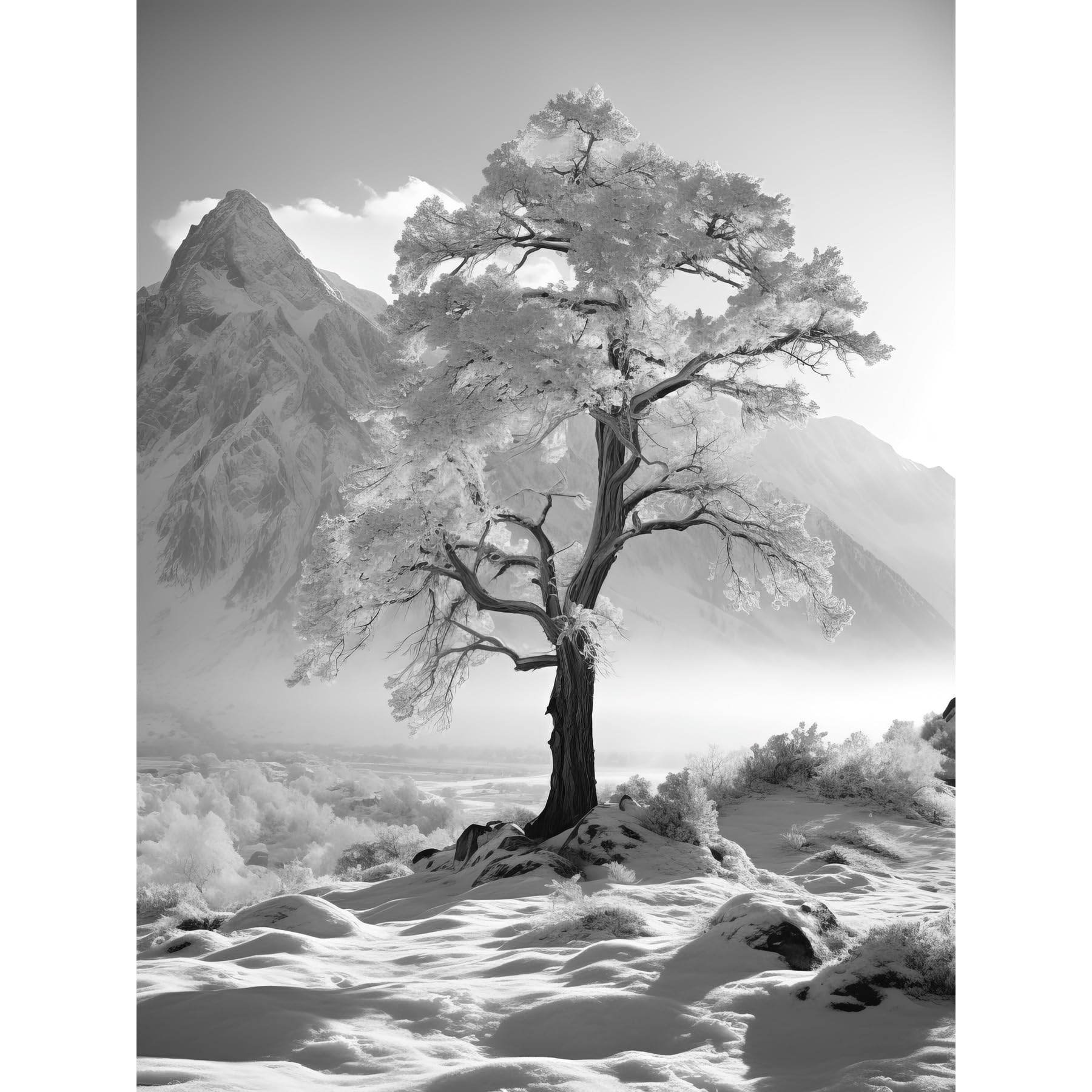 Artery8 Frozen Tree in Snowy Mountain Landscape Bright Black and White Photograph Winter Sunrise Crisp Morning Light Extra Large XL Wall Art Poster Print