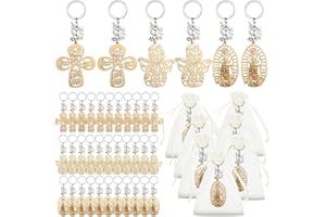 Hicarer 30 Pcs Baptism Key Ring Xmas Stuffer Gift Bautizo Recuerdos De Bautizo Para Cross Wooden Keychain with Organza Bags(White Pearls)
