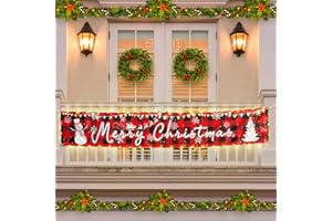 MRSENLOI Solar Large Merry Christmas Banner, 120" x 20" LED Lighted Xmas Decoration Red Buffalo Plaid Hanging Huge Sign, Holiday Party Supplies Home Decor for Outdoor,Yard,Garden,Porch,Lawn (Plaid-Snowman)