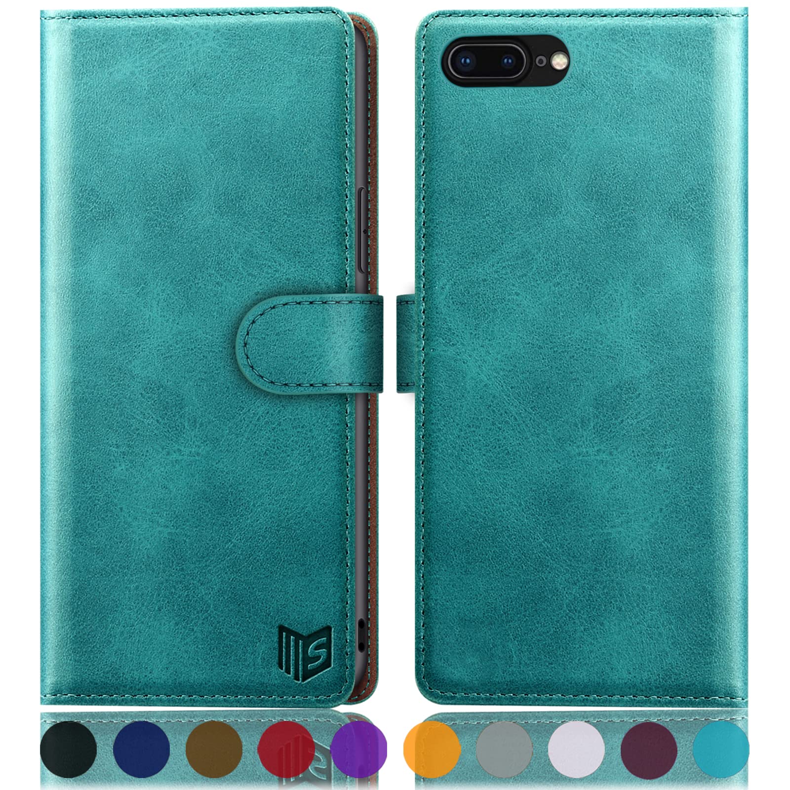 SUANPOT Flip Wallet Case for iPhone 7 Plus/8 Plus 5.5 Inch, Faux Leather with RFID Blocking, Blue Green