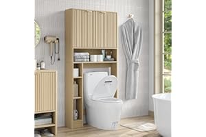 Furniouse Over Toilet Storage Cabinet 31''W Modern Above Toilet Shelf Cabinet with Fluted Doors & Toilet Paper Storage Holder for Bathroom, Natural Oak