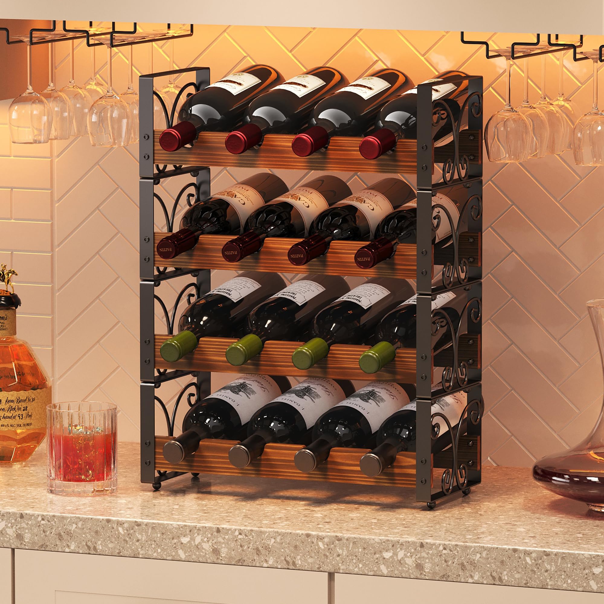 Photo 1 of X-cosrack Wine Rack Freestanding Floor with Patent Design, Wooden & Metal Wine Bottle Holder, 4 Tier 16 Bottles Stackable Wine Storage Racks for Kitchen Counter or Bar, Wine Display Shelf