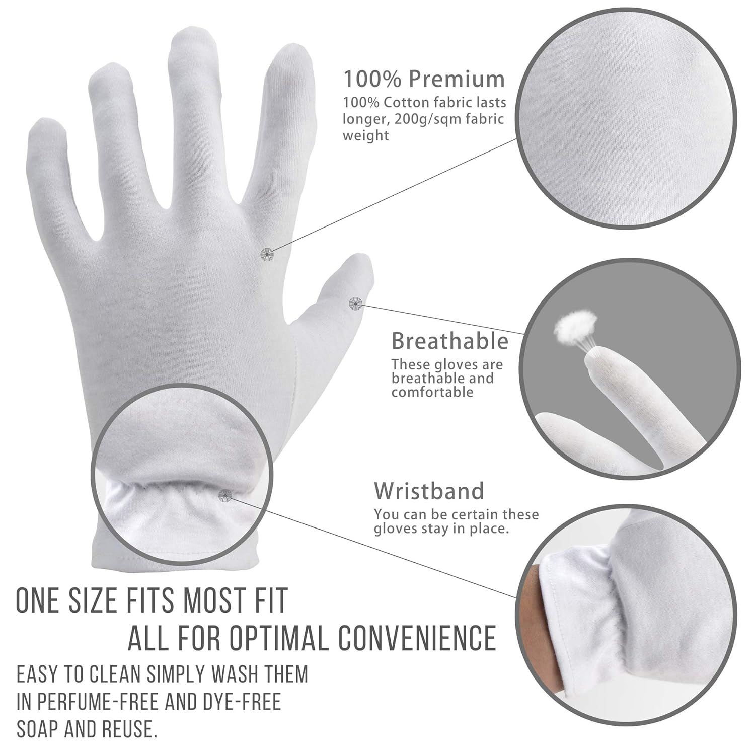 Moisturizing Gloves OverNight Bedtime Cotton | Cosmetic Inspection Premium Cloth Quality | Eczema Dry Sensitive Irritated Skin Spa Therapy Secure Wristband (1 Pair) : Beauty