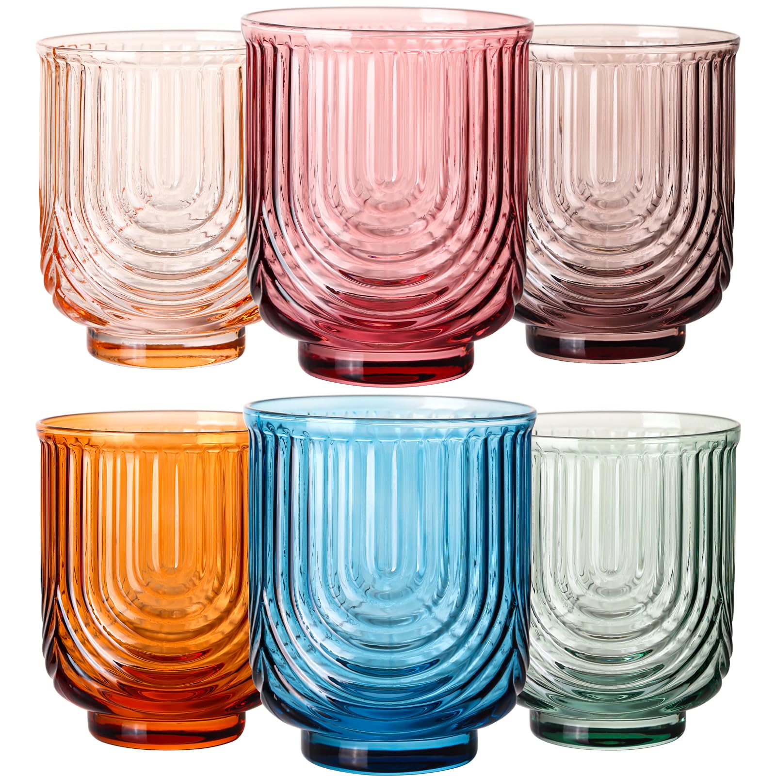 Photo 1 of JOVGANK Colored Vintage Drinking Glasses Set of 6-14Oz Colorful Glass Drinking Glasses, Art Deco Ripple Highball Glass, Whiskey Cocktail Glasses, Glassware for Bar Beverages Ice Coffee Juice