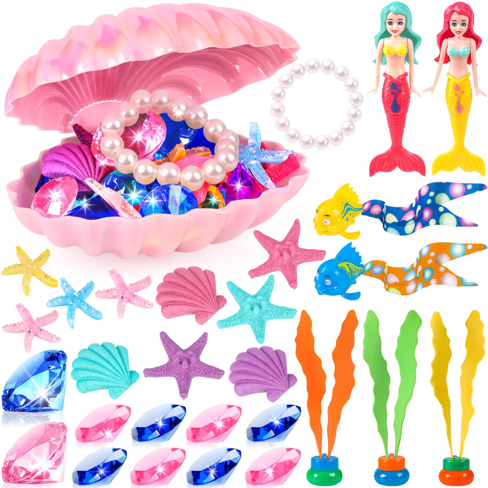 HUUIDY Pool Toys, 31Pcs Mermaid Toys Diving Toys with Shell Treasure Chests and Storage Bag, Swimming Pool Games Summer Water Toy Gift Set for Kids Toddlers Girls Boys