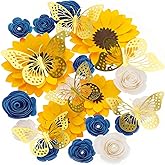 Nezyo 30 Pack Flower and Butterfly DIY Decorations Set 18 Pcs Flower Heads 12 Pcs 3D Butterfly Flat Back Roses Yellow Sunflower Heads for Grad Hats Wedding Baby Shower Home Decor(Blue, Yellow)